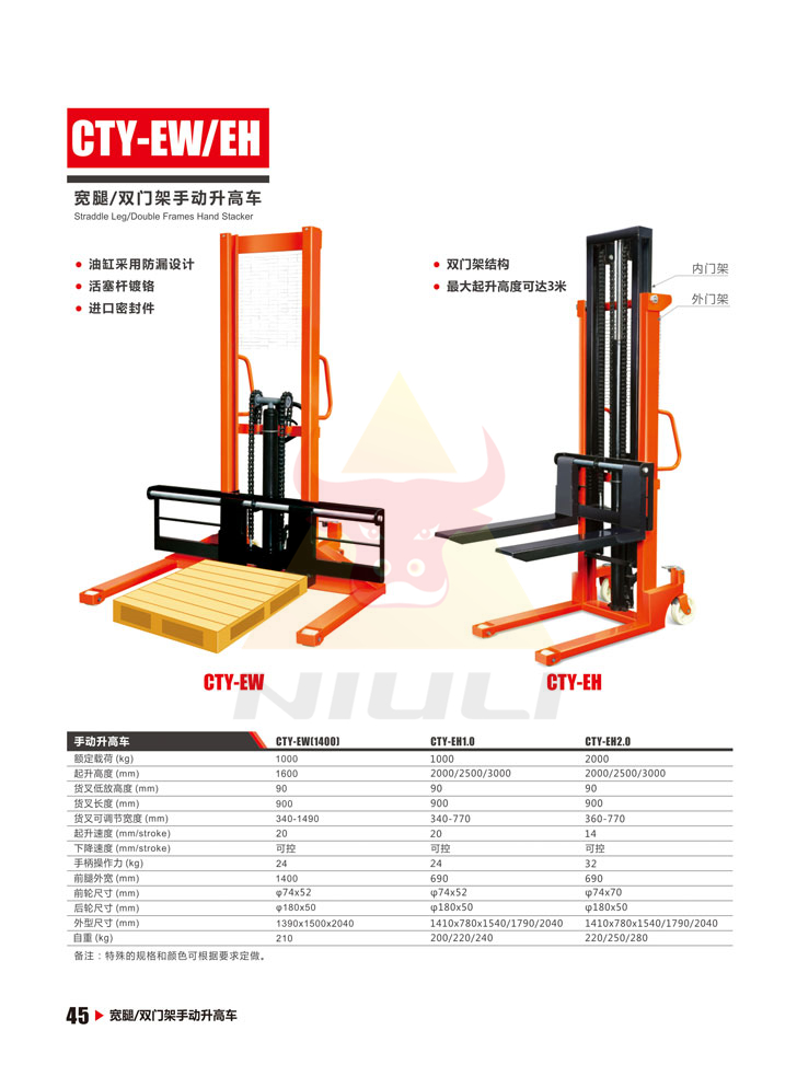 45宽腿双门架手动升高车、手动油桶升高车、液压油桶搬运车